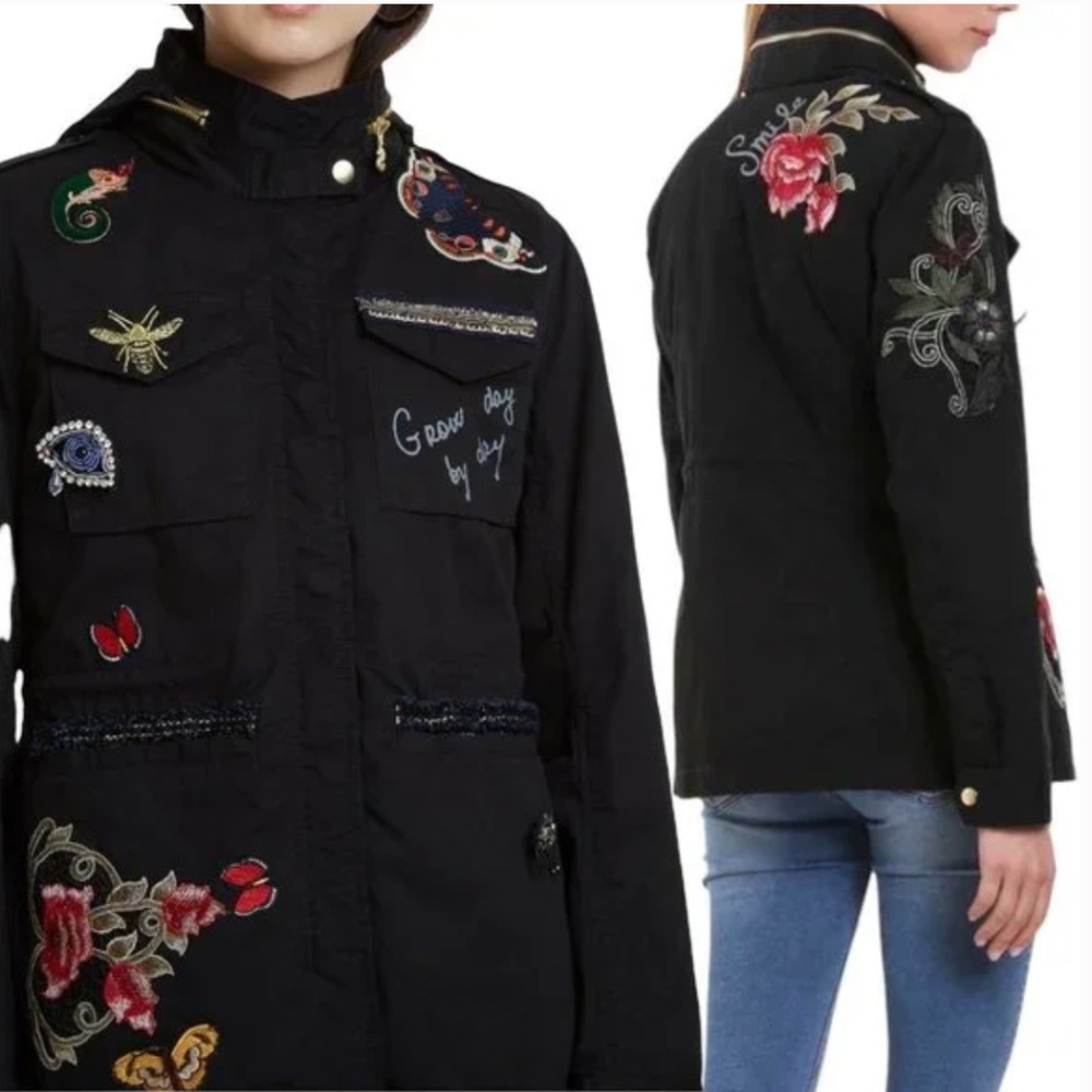 Desigual Women's Clansei Parka Jacket Hood Removable Lining Floral Bee Eye NWT